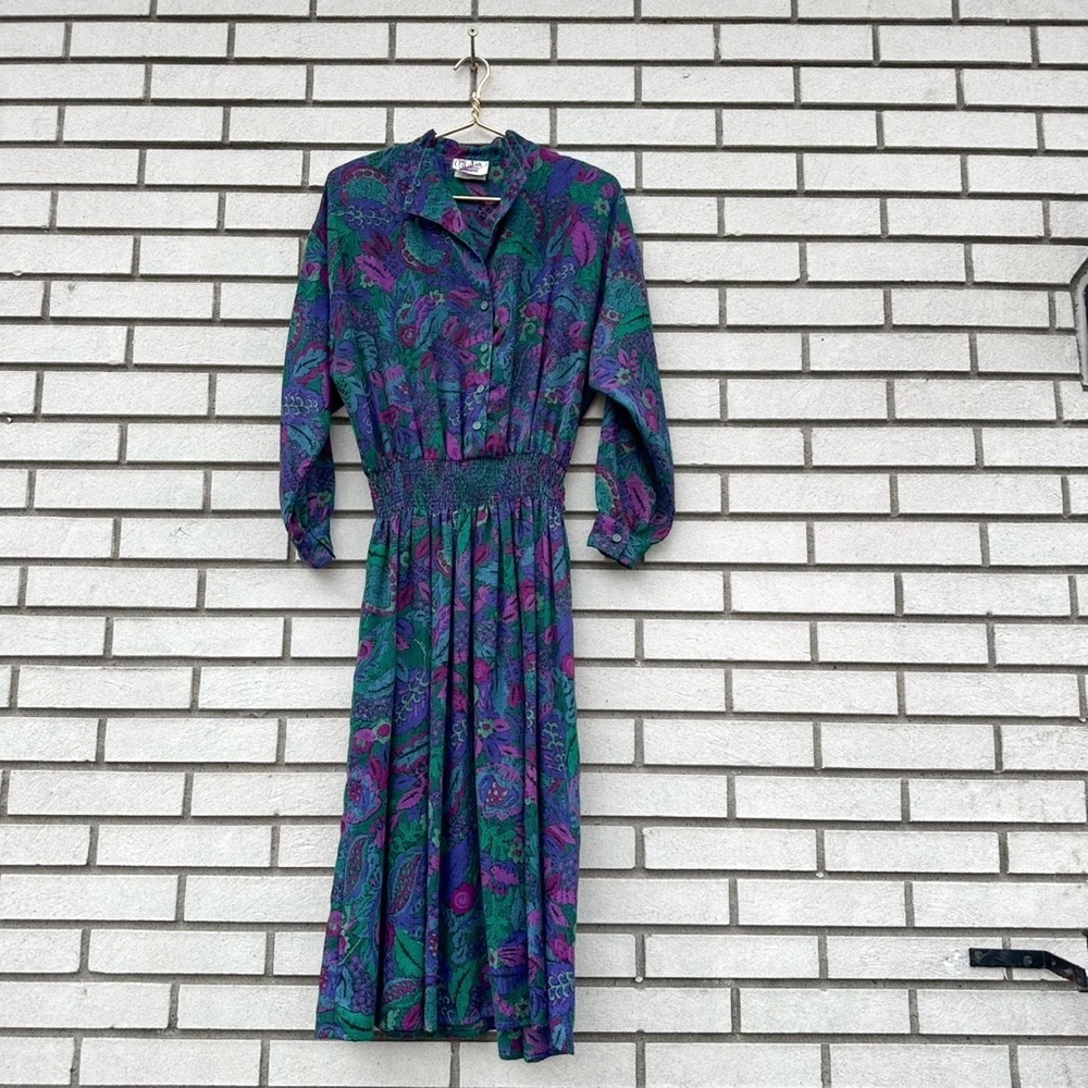 Vintage Malia Hawaii 80s Abstract Floral Midi Dress Purple Green Blue Size 12